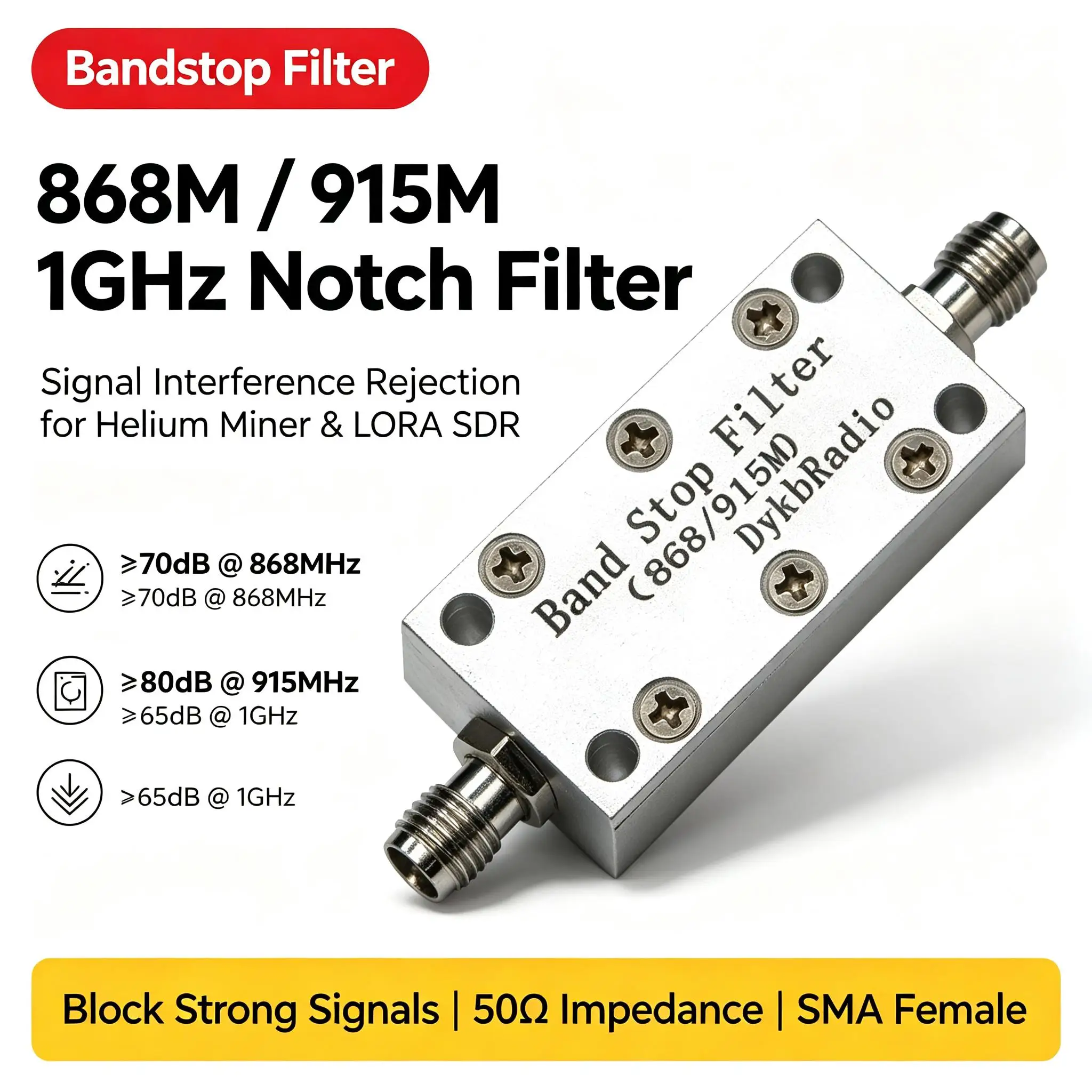DYKB Bandstop Filter 868M 915M 1GHz Notch ≥65dB Rejection SMA 50Ω 4W for Helium Miner LORA SDR Interference Suppression Module