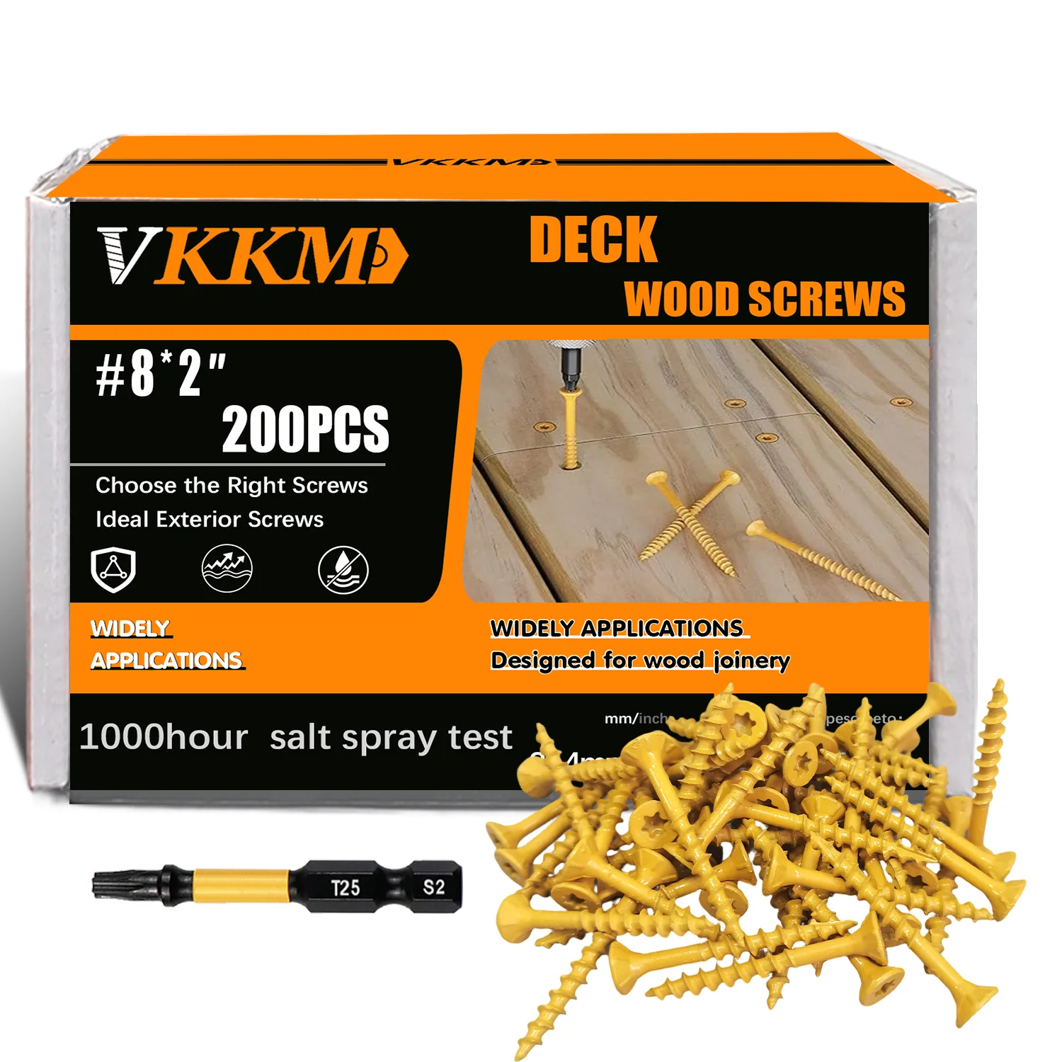 

VKKM 2-inch Deck Screws, Wood Screws #8*2，200 Pieces, Anti-rust Epoxy Resin Coating, Including Torx T25 Drive, Yellow.