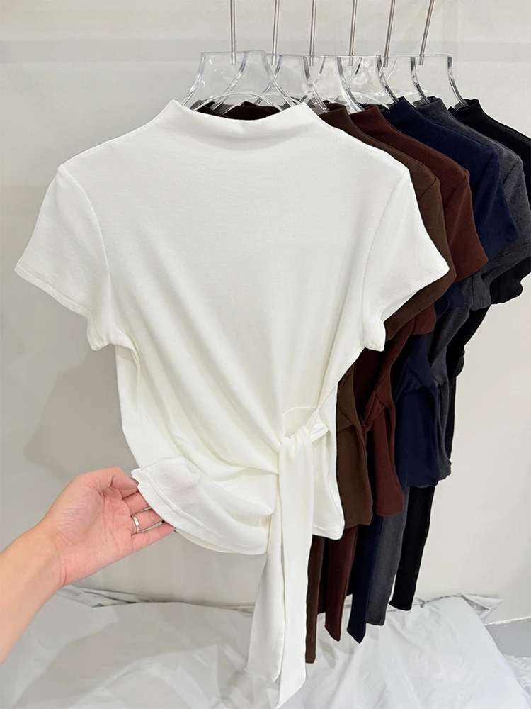 

Faionable Korean High Ne T-irt Belted ort Sve Slimming Waist Design Casual Sle Women's Top Sli Versatile Tee