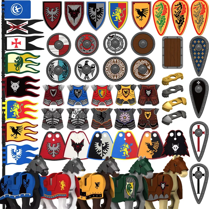 MOC Mittelalterliche Militär Ritter Pferd Set Bausteine Wolf Krieger Elve Figur Soldat Schild Weste Rüstung Flagge Waffen Ziegel Spielzeug