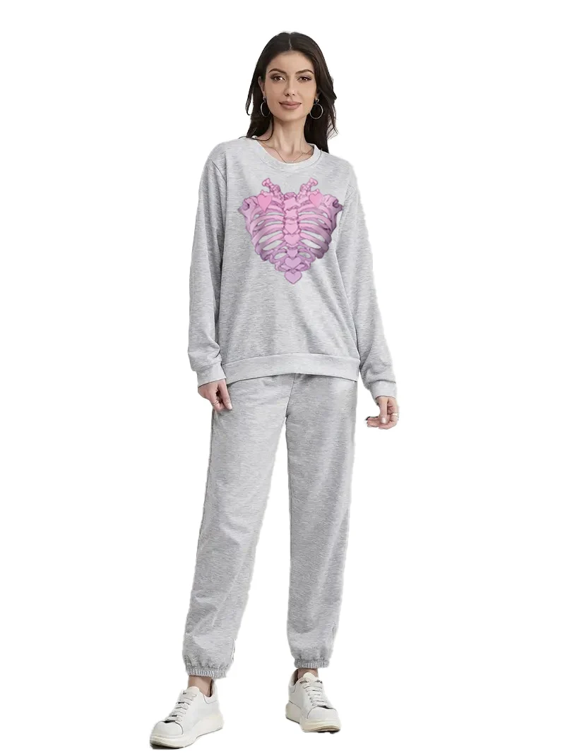 

Halloween 2 casual sports suit, love skeleton print crewneck sweatshirt and running jogging pants suit, women's sports wear