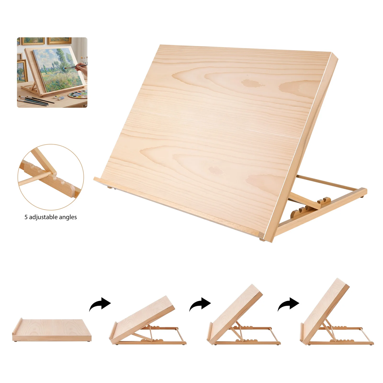 Caballete de Mesa de Madera Natural, Estación de Trabajo para Arte y Manualidades, Tablero de Dibujo, Caballete para Artistas con 5 Posiciones Ajustables