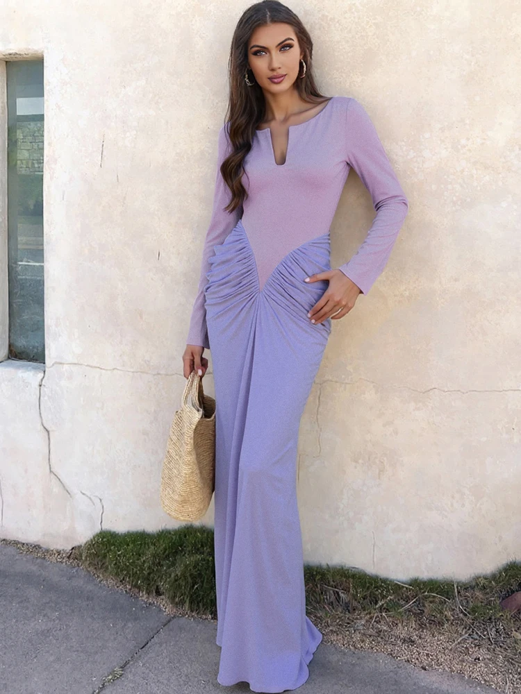 Seltsame Puss Elegante Geraffte Kleid Frauen Trend Slash Neck Patchwork Volle Hülse Split Stretch Dünne Mode Party Bankett Vestidos