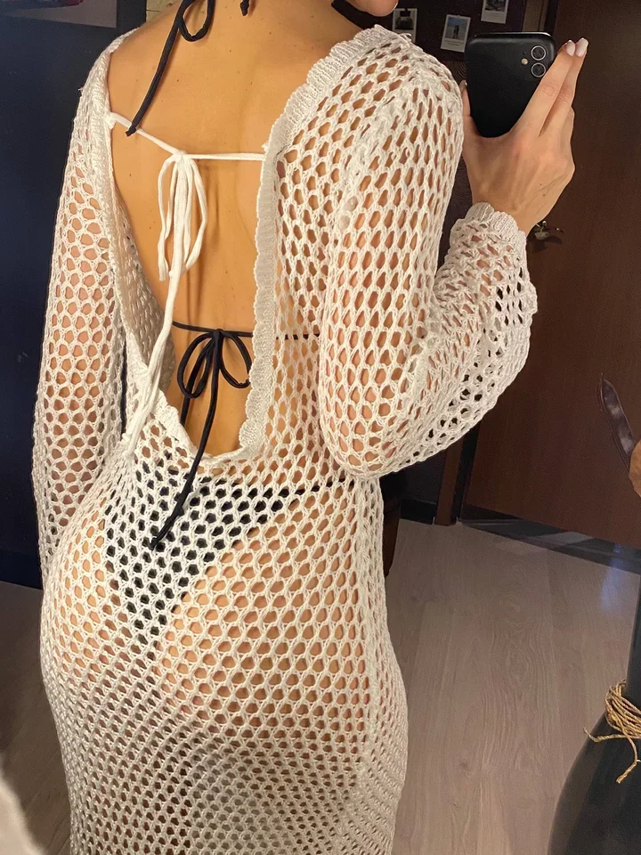 New Hollow Out See Through Backless Crochet Knitted Tunic Beach Cover Up Cover-ups Beach Dress Beach Wear Beachwear Female V5993