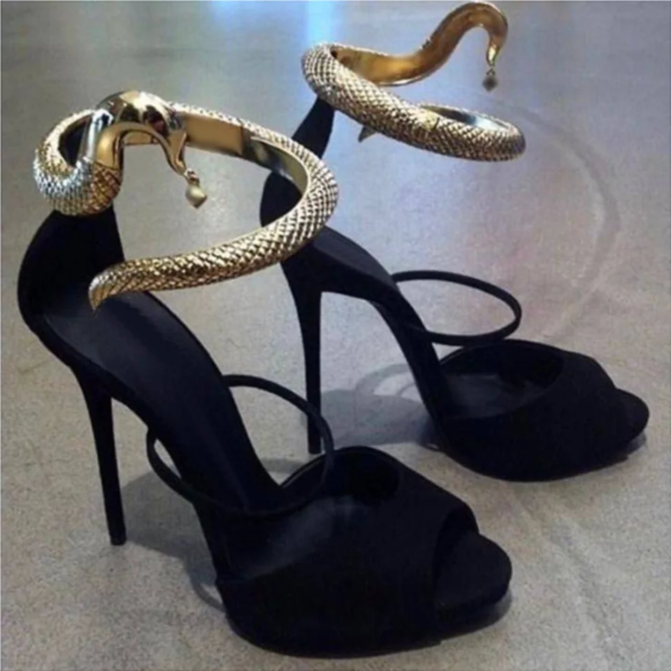 

Black Matel Decor Twine Sandals Cover Heel Stilettos High Heels Open Toe Shoes for Women Shoes on Heels 2023 Zapatos Para Mujere
