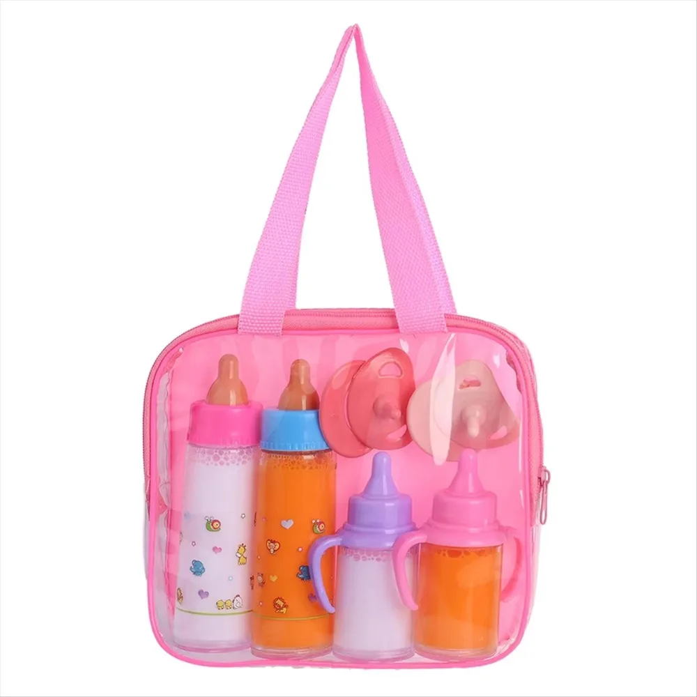 Milk & Juice Bottles Feeding Set With Storage Bag Pretend Baby Bottle Pacifier Plastic Dollhouse Decor Feeding Bottle