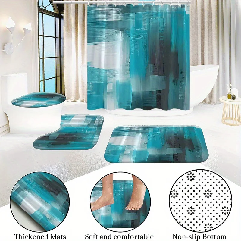 1/4pcs Abstract Teal Shower Curtain With Non-Slip Bath Mats, Toilet Cover, And 12 Hooks, Water-Repellent Bathroom Decor Set,