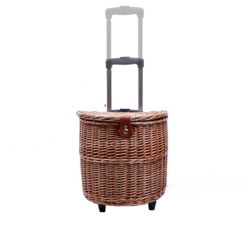 Trekstang Type Picknickmand Rotan Trolley Kar Multifunctionele Opbergmand Op Wielen Met Deksel Handmand Buiten Picknick Rekwisieten