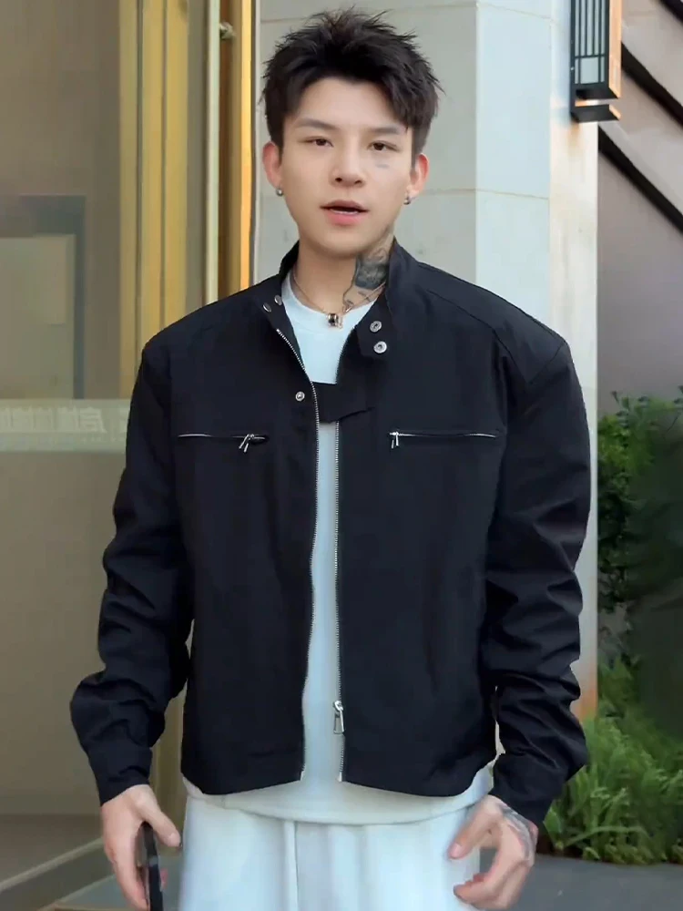 

Bla oulder Pad Jaet Men's Sle Spring Autumn Faionable Wide Collar Biker Coat Stand Fit Workwear Jaet