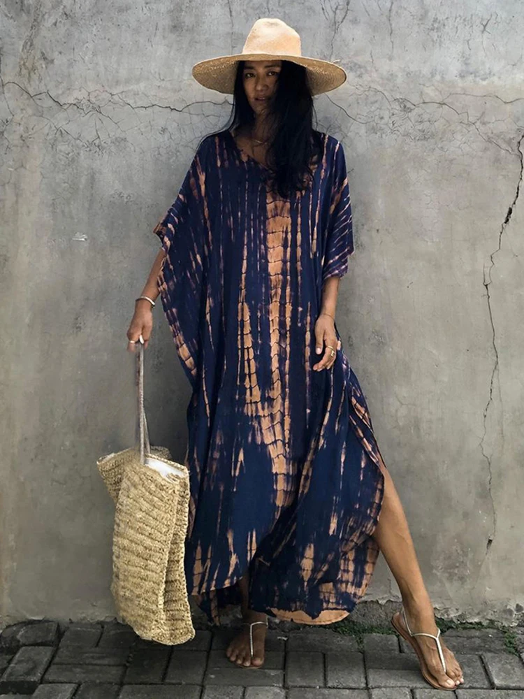 Vestido playero de estilo bohemio para mujer, traje de baño de estilo Retro a rayas, estilo Kimono, Pareo, caftán, 2023