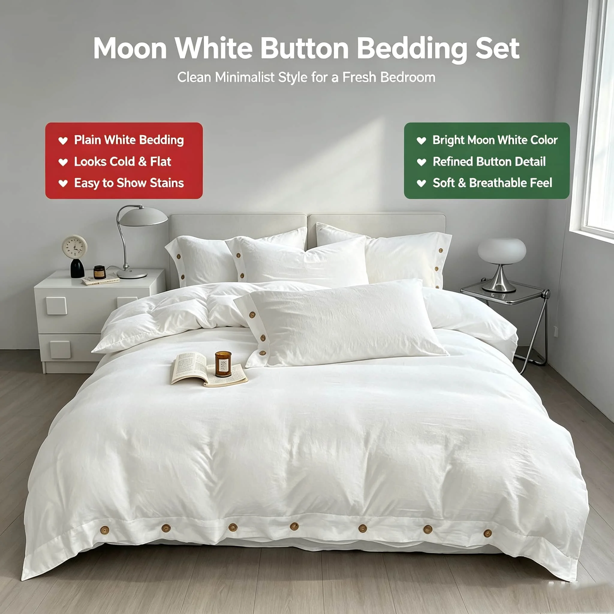 Minimalist Solid Bedding Set, Antimicrobial Fabric Skin Soft Duvet Cover, Wooden Button Detail Bedding Sets and Components, Home