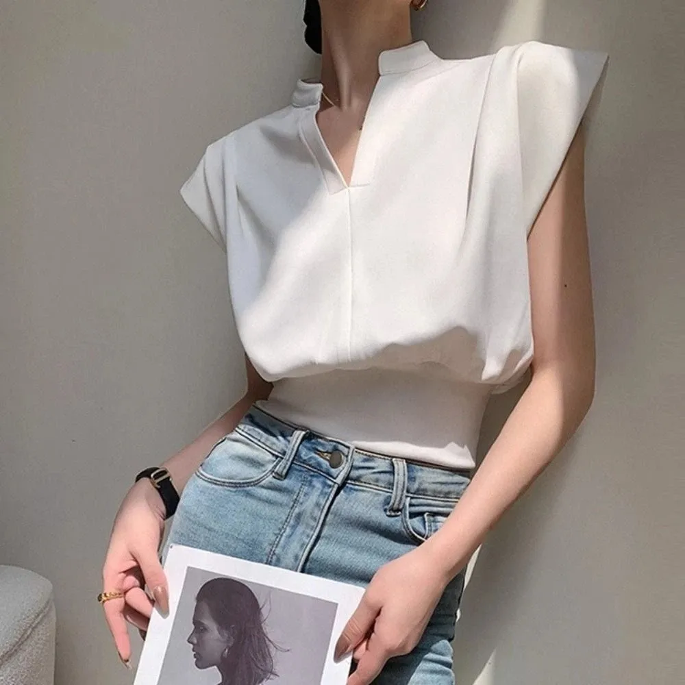 

Simple V-neck Flip Collar T-shirt Y2K Wide Shoulder Sleeveless Crop Top Slim Fit Chic Basic Tees Shirts Women Summer