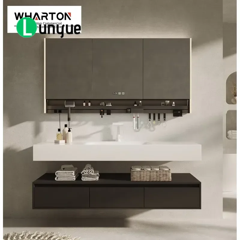Modern Waterproof Bathroom Vanity Set with Sintered Slate Countertop LED Mirror Stainless Steel Drain Storage Cabinet for
