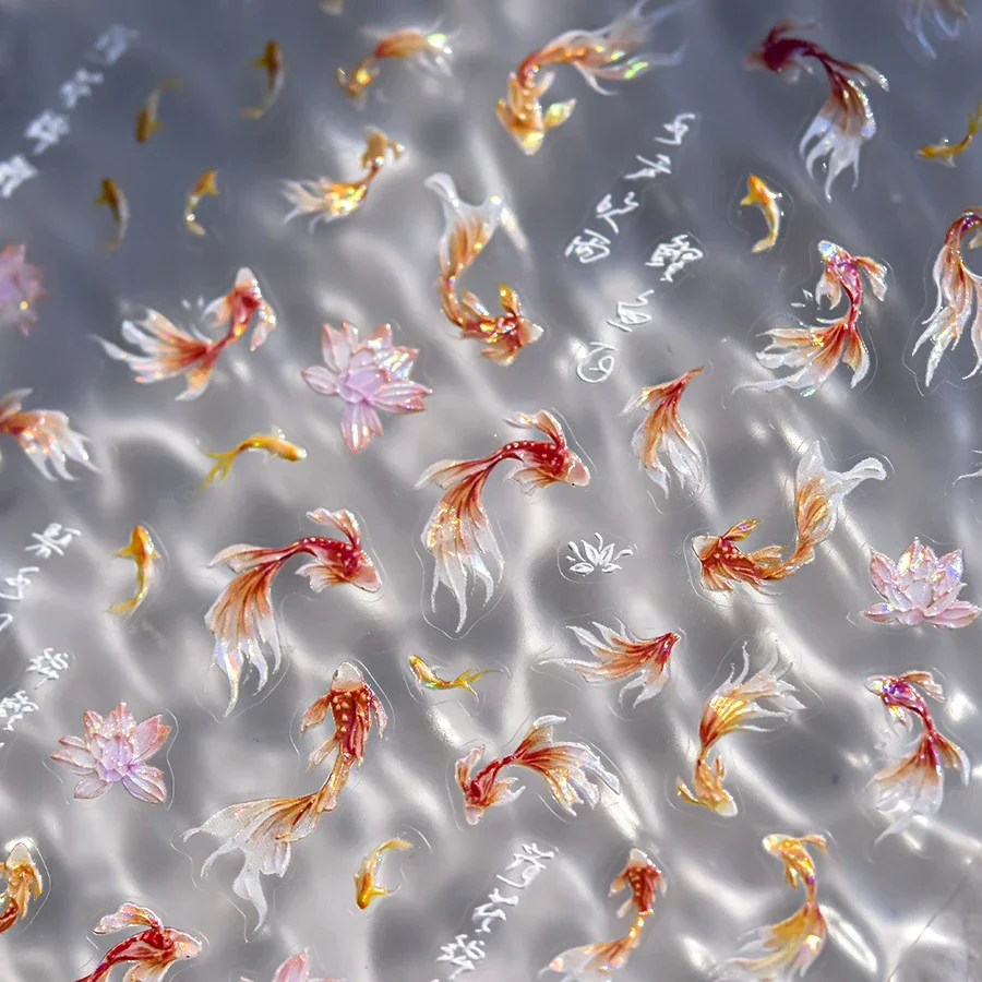 Cute Koi Lotus Flower Goldfish Summer Beach Sea Carp Fish Colorful Dolphin Mermaid Soft Relief Nail Art Stickers Manicure decalcomanie