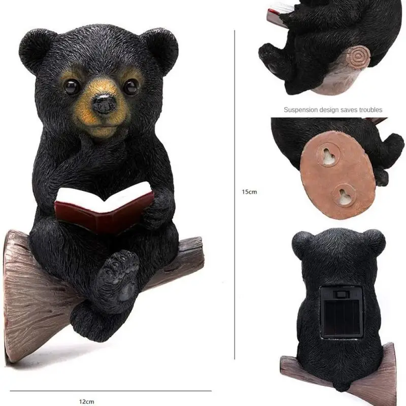 Solar Charging Bear Sculpture Light Control Baby Bear Reading Book Garden Statue Yard Art Sculpture Garden Tree Decor