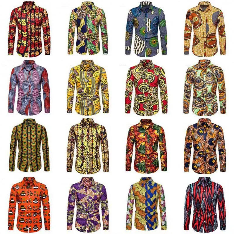 New Men\'s Button Shirt Dashiki African Print Shirts Long Sleeve Tops Traditional Couple Clothes Hip Hop Ethnic Style Streetwear