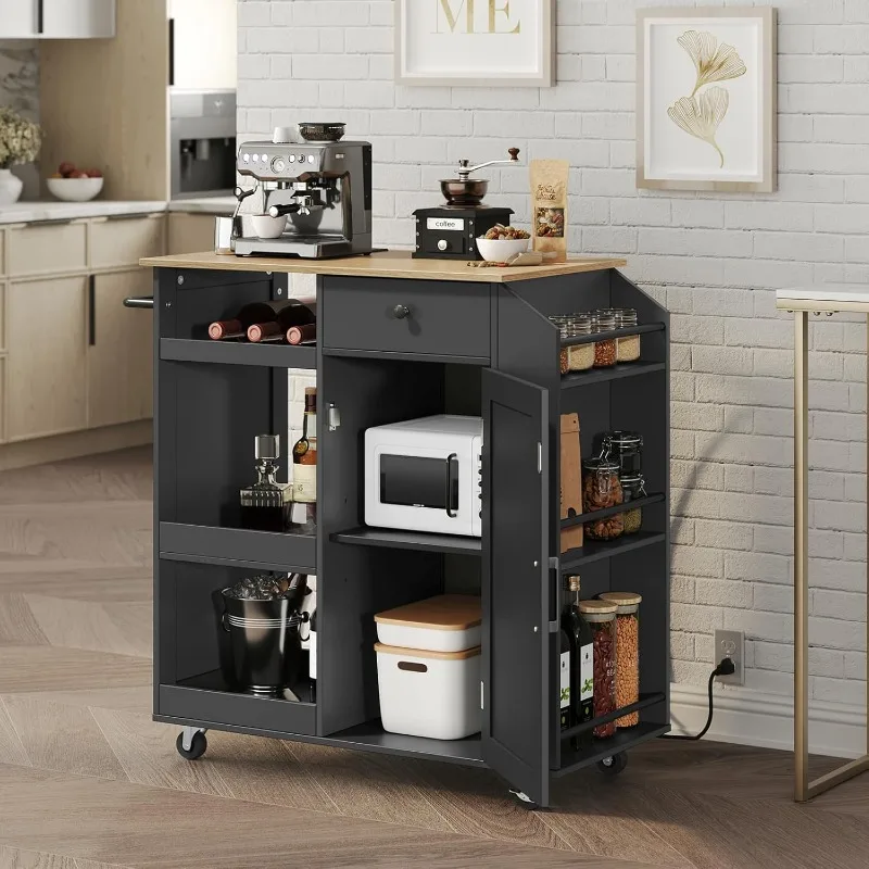 

Kitchen Island with Power Outlet, Kitchen Island Cart with Drawer, Island Table for Kitchen, Spice Rack, Towel Rack, Wine Rack,