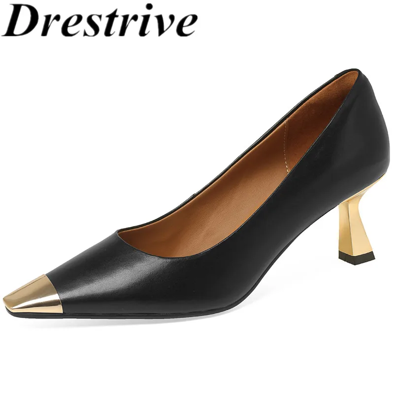 

Drestrive 2024 New Classic Women's Pumps Full Genuine Leather Square Metal Toe Thin High Heels Sheepskin Shoe Spring Top Quality