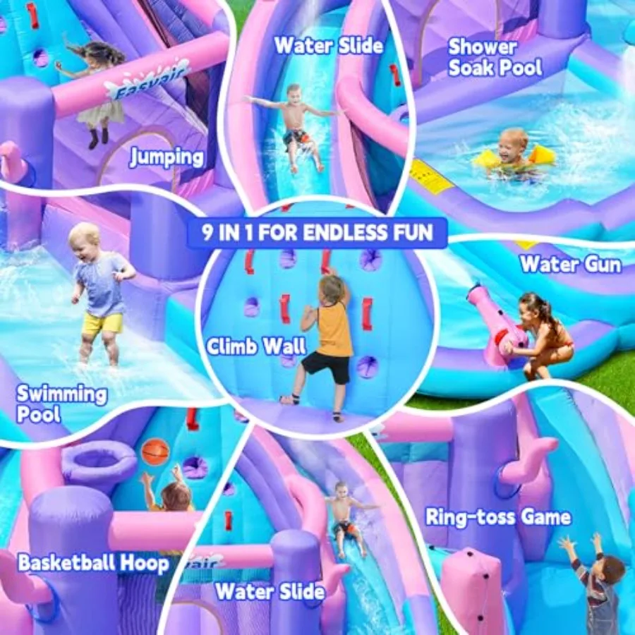 Inflatable Bounce House Water Slide Combo, Blow Up Water Slides for Backyard, Jumper with Climbing Wall, Basketball Hoop, Splas view 3