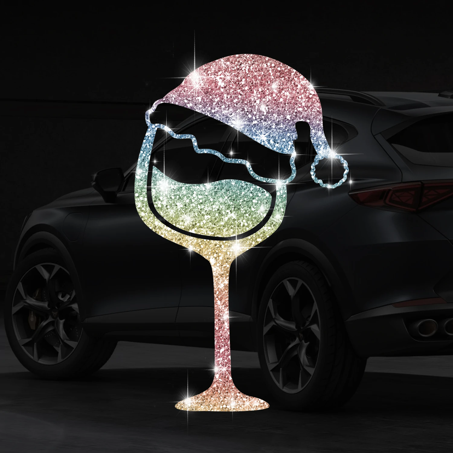

1 pc sparkling Christmas hat, red wine glass, car sticker, imitation diamond material, self-adhesive, suitable for cars, trucks,