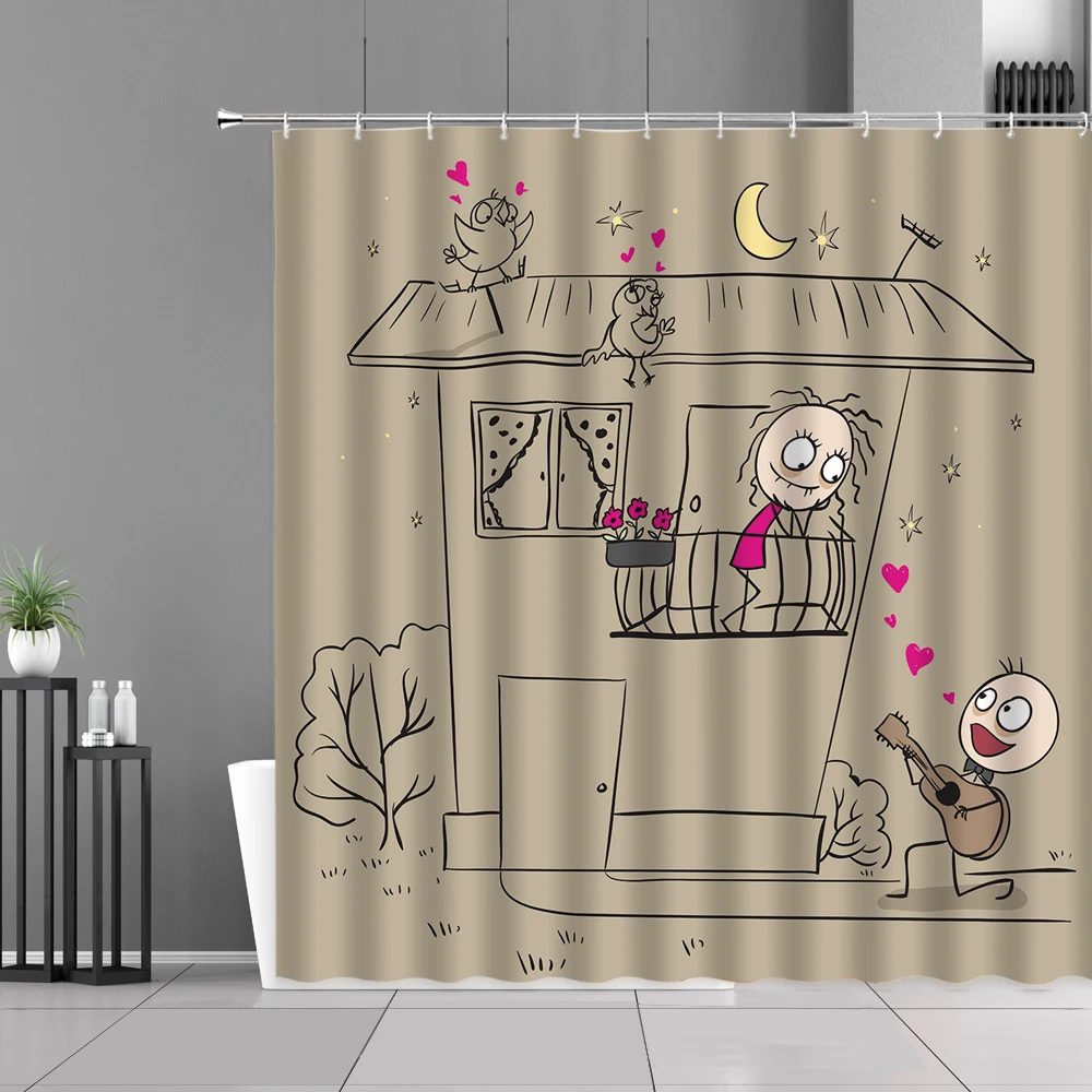 

Cartoon Hand-Painted Shower Curtain 3D Printing Couple Waterproof Polyester Bathroom Bath Curtains Screen Fashion Home Decor