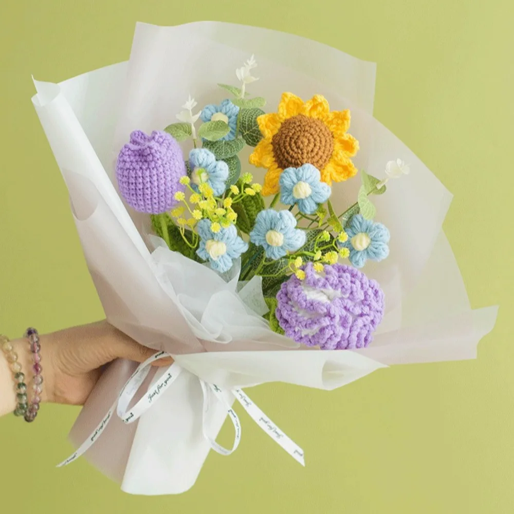 Afgewerkte gebreide bloemen Zonnebloemen Gehaakt boeket Creatieve gebreide bloemen Valentijn Moederdag Verjaardag Afstudeercadeaus