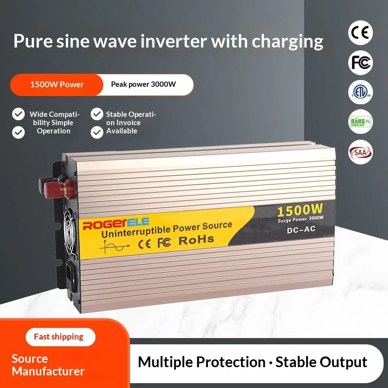 1500W Pure Sine Wave Inverter with Charging Function, DC 12V to AC 220V, High Power Car RV Outdoor Emergency Power Converter