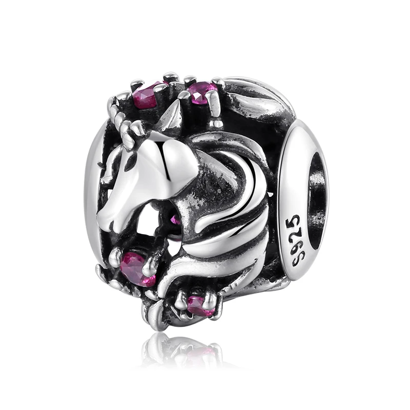 

925 Sterling Silver Sleeping Unicorn Red Zircon Pendant Charm Bead Fit Original Bracelet DIY Accessories