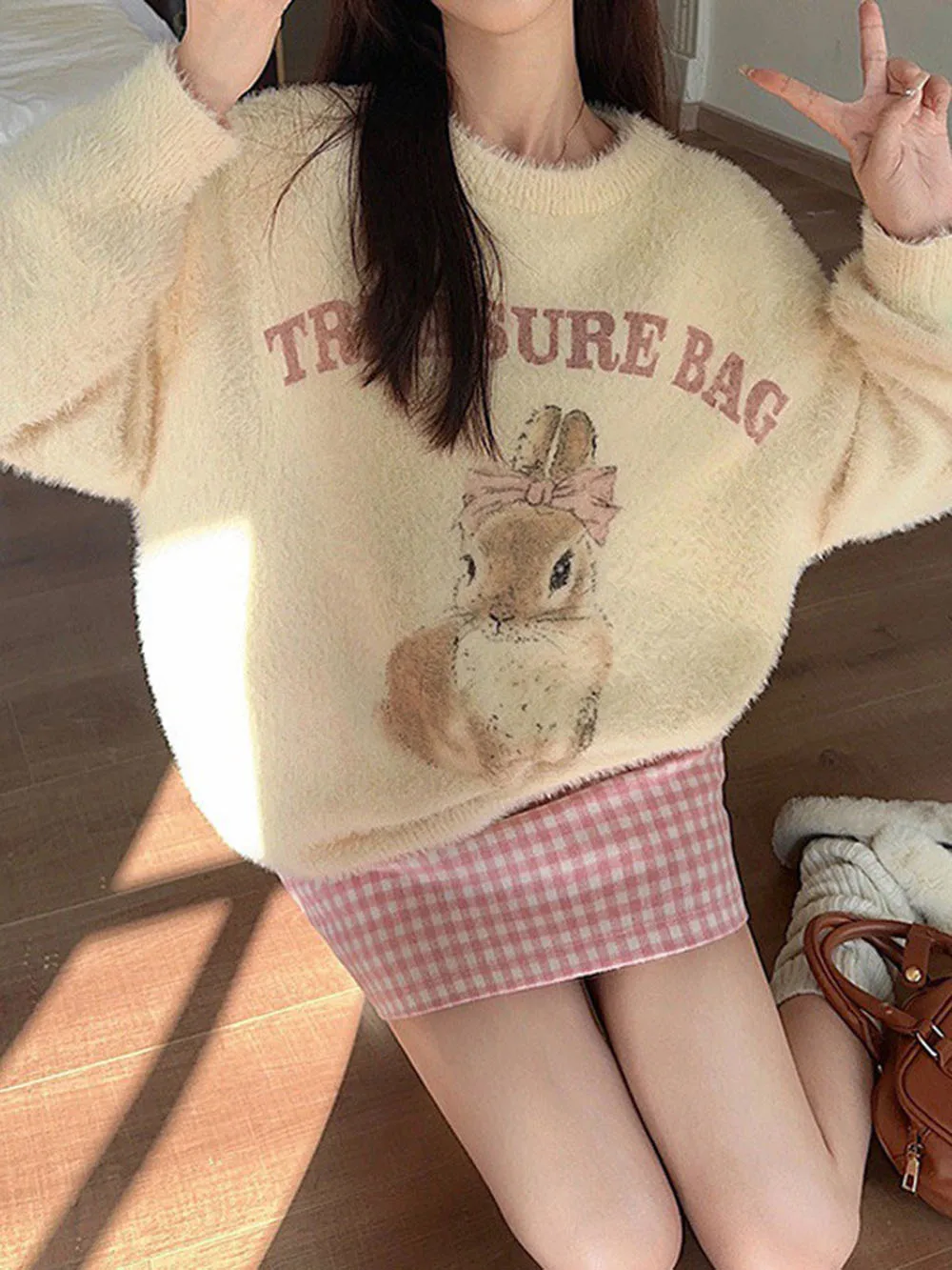 Sweet Women\'s Knitted Sweater Spring Plush Imitation Mink Fur Fabric Cartoon Rabbit Print Cardigan Single Breasted Outwear