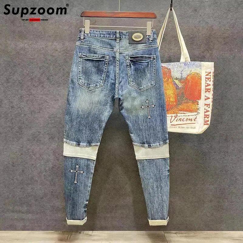 

Supzoom New Arrival Hot Sale Top Fashion Autumn Zipper Fly Stonewashed Casual Patchwork Cargo Denim Pockets Cotton Jeans Men