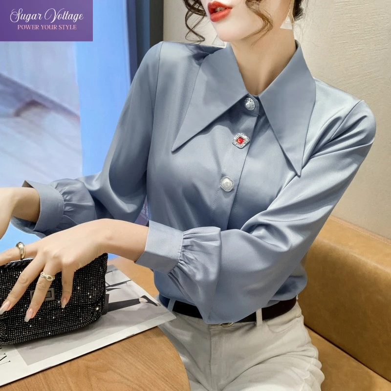 

Elegant Satin Blouse Women Vintage Long Sleeve Turn Down Collar Shirt Korean Style Loose Fit with Lapel and Decorative Buttons