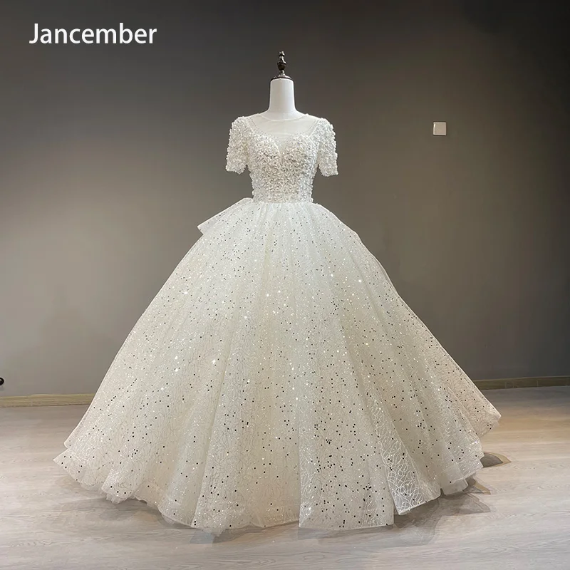 

Jancember Ball Gown O-Neck Short Sleeves Backless Floor-Length Beading Pearls Button Illusion Brand New Dresses Wedding 1759