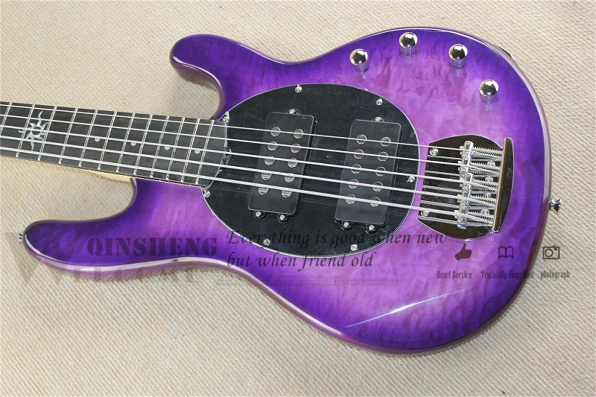 5 Strings Bass Guitar Ray Bass Purple Basswood Body Squilted Maple Veneer  Active Battery Chrome Bridge