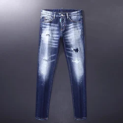 Street Fashion Jeans Retro Blue Elastic Slim Fit Colored Paint Hole Patch Jeans Men's Designer Hip Hop Brand Versatile Pants
