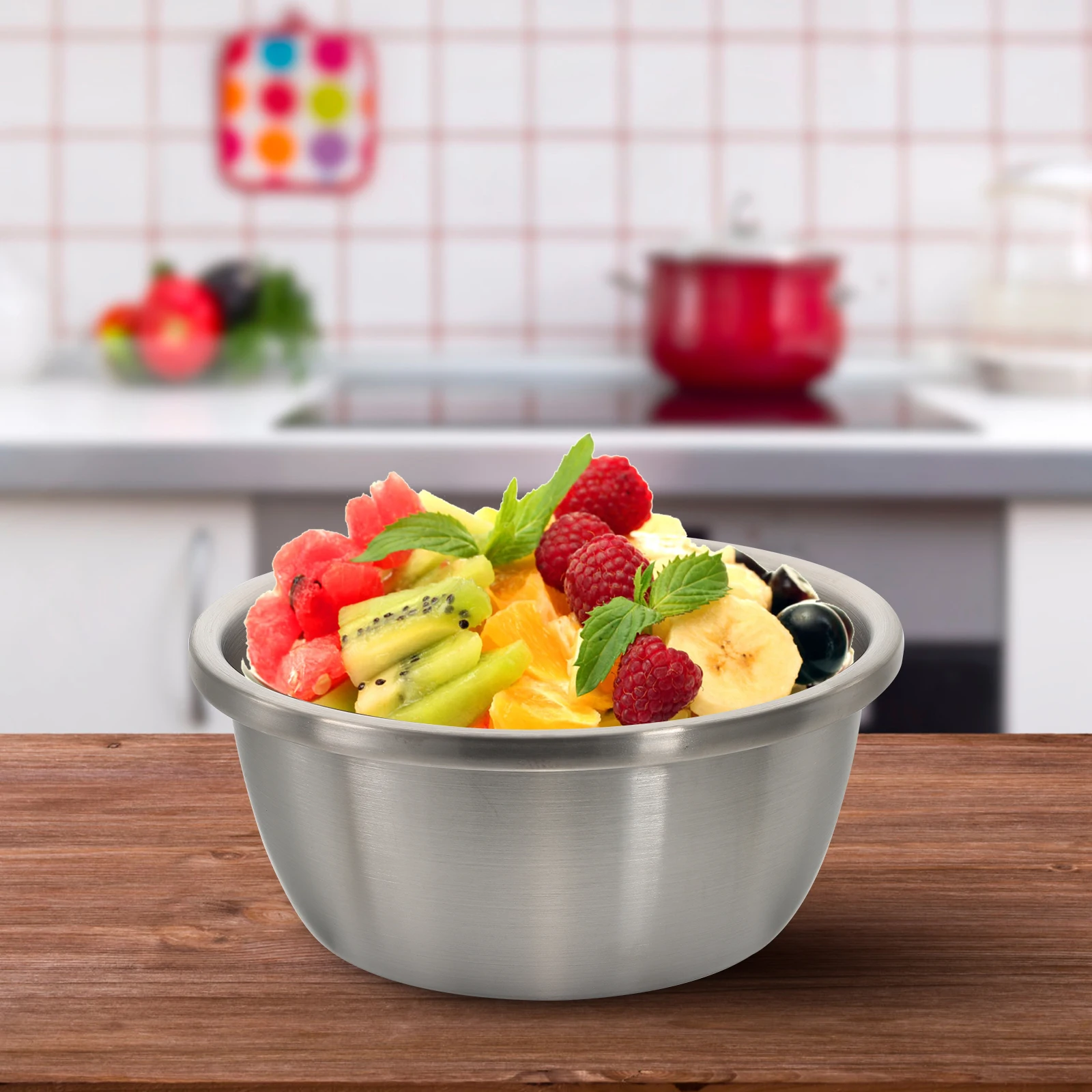 

Stainless Steel Vegetable Basin Thickened Round Washing Bowl Perfect for Kitchen Fruit Salad Pasta Mixing