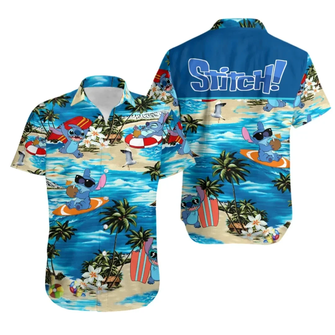 MINISO Stitch and Lilo Hawaiian Shirts Summer Fashion Short Sleeve Shirts Men Women Casual Beach Shirts Kids Hawaiian Shirts