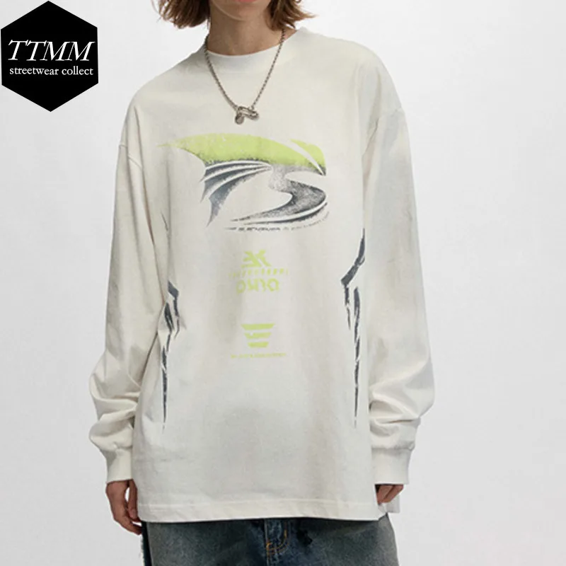 2025 Spring Autumn Double Yarn Bottom Decoration All-in-one Simple Street Fashion Loose Long-sleeved T-shirt Men