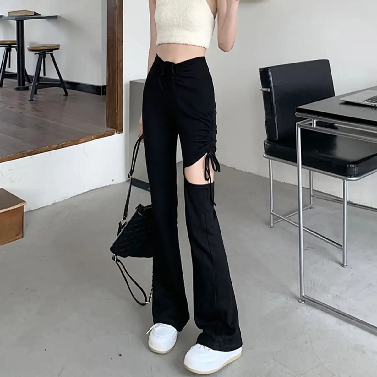

Korean Chic Summer Sense of Design Ripped Lace-Up Flared Pants Design High-Waist Slim Casual Pants for Women