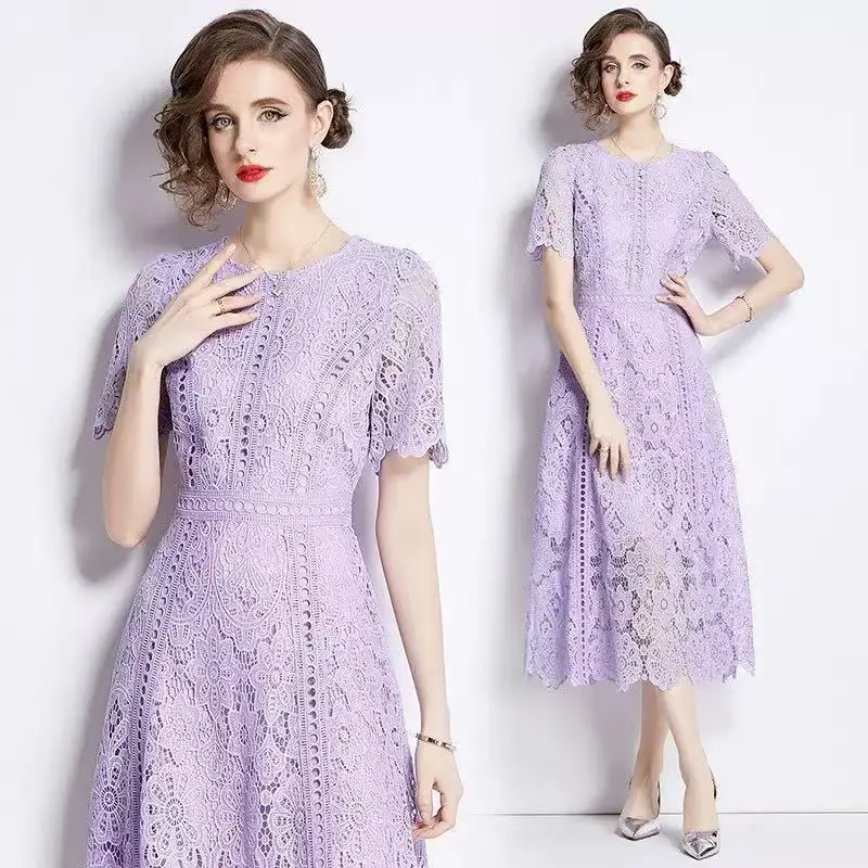 Round Neck Lace Midi Dress - Slimming Summer Fashion in Polyester Fabric