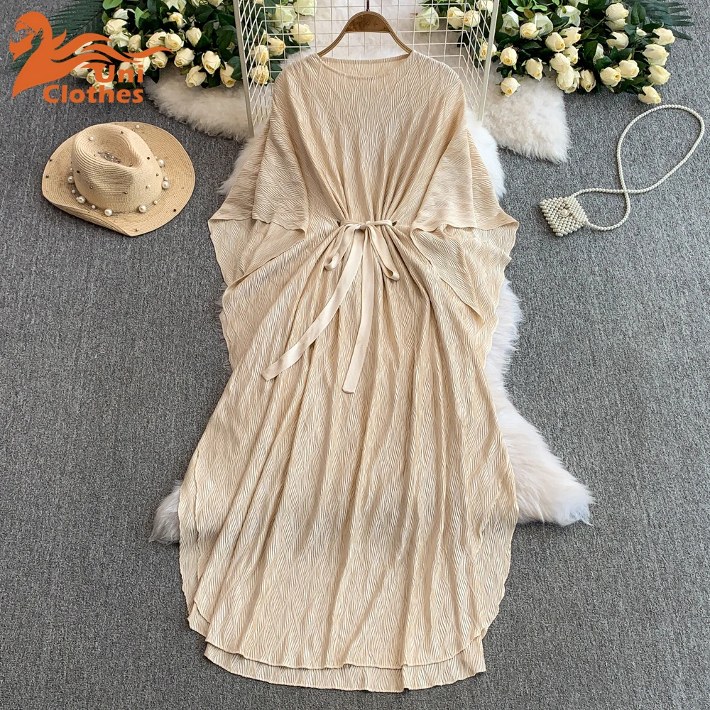 

UNI Elegant Long Batwing Sleeves Casual O-neck Chic Bandage Slim Long Pleated Dresses French Evening High Street Autumn Clothing