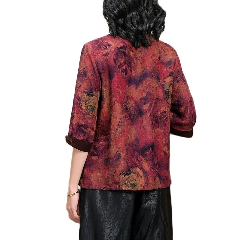 BirdTree Watered Gauze, 100%Real Silk Elegant Shirt, Women Stand Floral, Oversize Mom Retro Blouses, 2024 Summer Top T44484QM