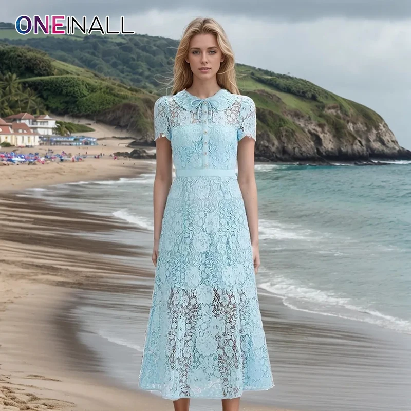 ONEINALL Solid Fashion Embroidery Doll Dress For Women Round Neck Short Sleeve High Waist Slim Temperament Dresses Female Summer