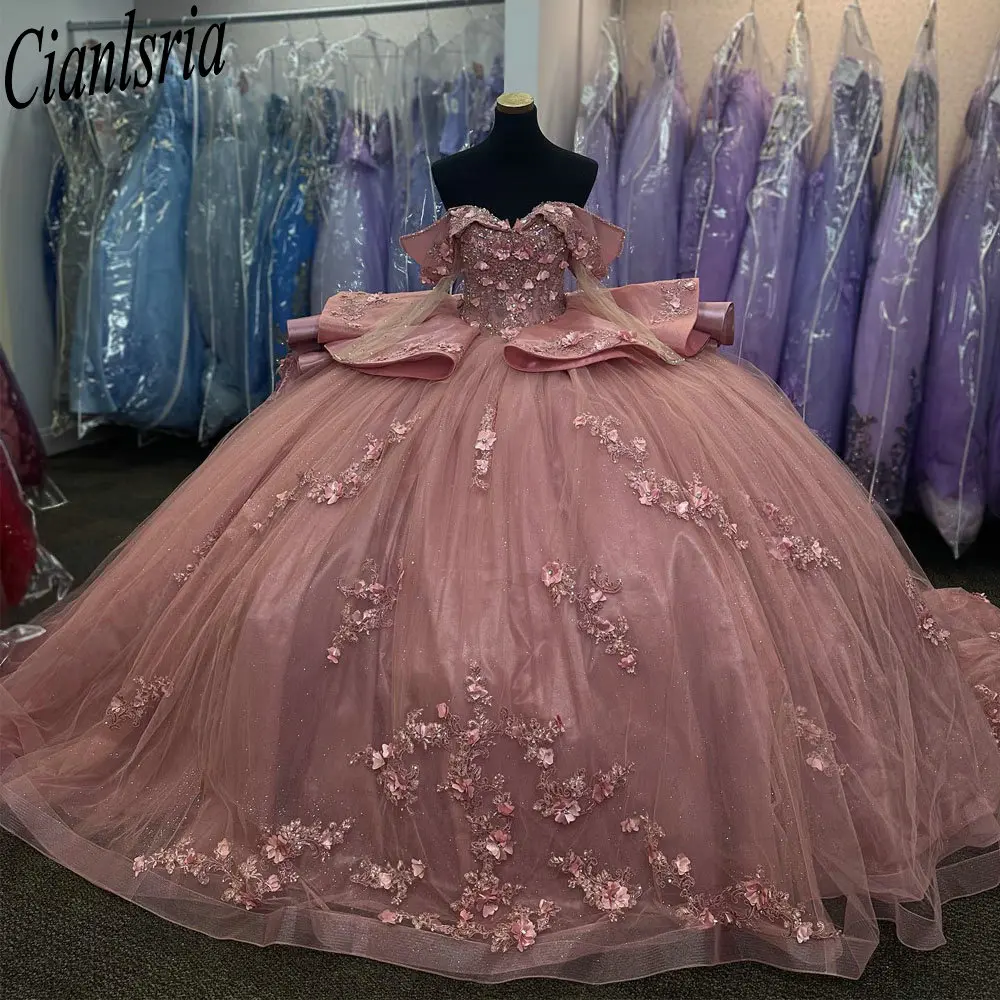 Vestido De baile De quinceañera con cuentas De cristal rosa, vestido De quinceañera 3D con flores, apliques De encaje con volantes, corsé, 15 Años