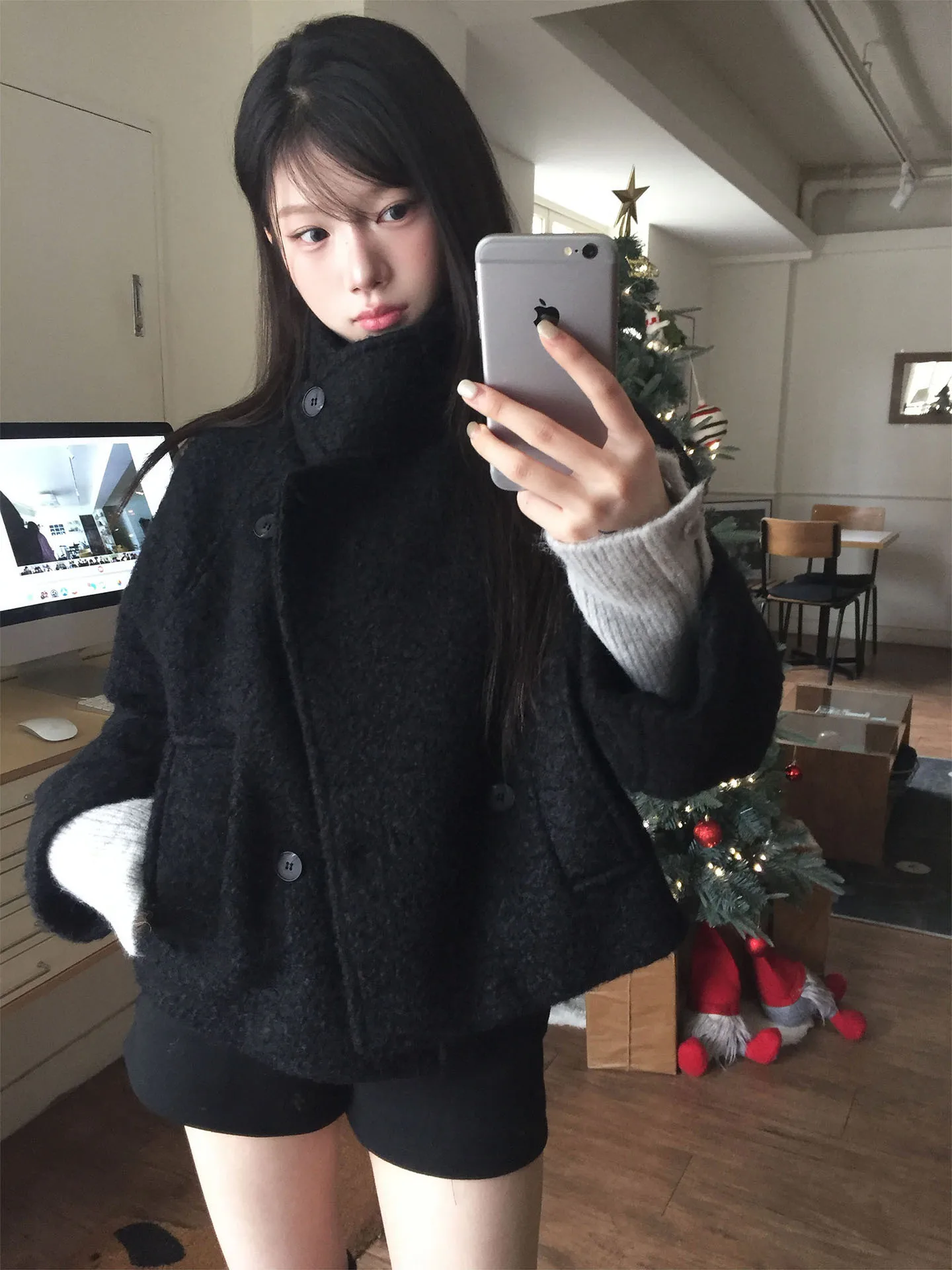 เสื้อโค้ทขนสัตว์สีพื้น ปกตั้ง กระดุมสองเม็ด สไตล์เรโทร ใส่ได้หลายโอกาส ทรงหลวม ไซส์เล็ก สำหรับผู้หญิง ฤดูใบไม้ร่วง ฤดูหนาว รุ่นใหม่