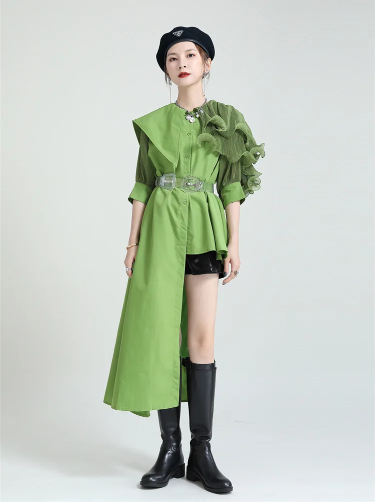 2024 Summer design sense niche irregular stitching pleated bubble sleeve shirt female lotus leaf closed waist asymmetrical top