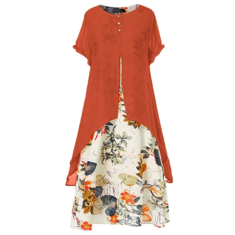 Women Fake Two-piece Short-sleeved Dresses 2025 Summer Cotton Linen Fashion Floral Printed Long Dress Female Large Sway Vestidos