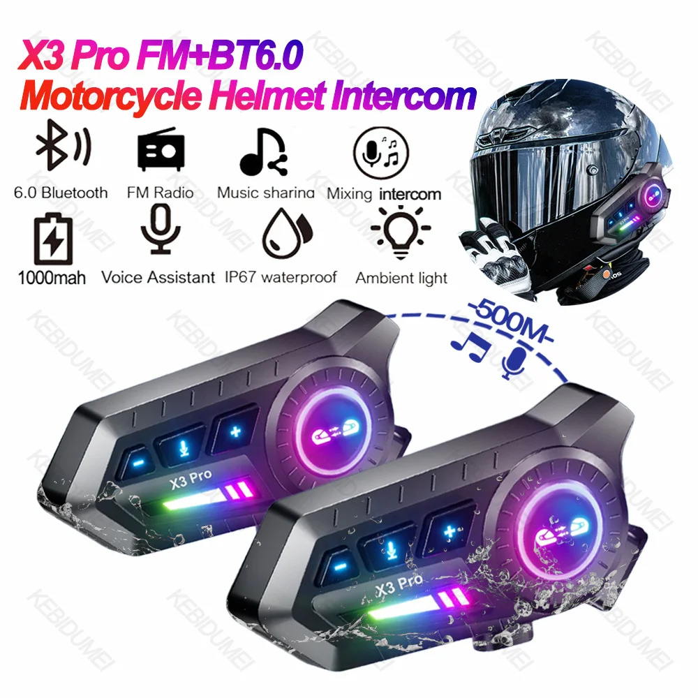 

X3 Pro Motorcycle Intercom Helmet Headset 500M FM Radio Wireless Interphone Music Share 1000mah Battery Waterproof Earphone