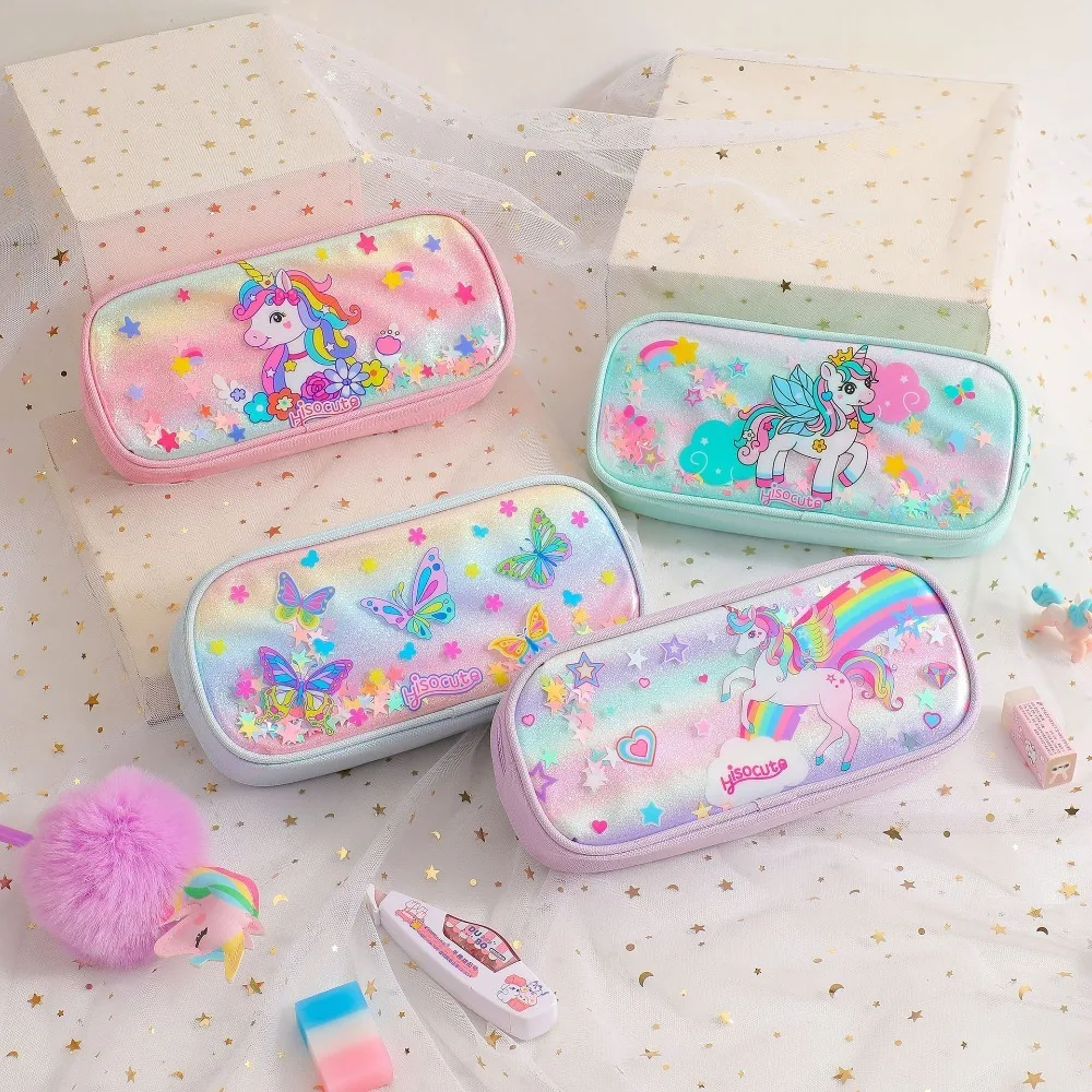 Bolsa de lápices de unicornio de dibujos animados kawaii, caja de almacenamiento de papelería con mariposa arcoíris para niños, bolsa de lápices de gran capacidad para estudiantes, regalos para niñas