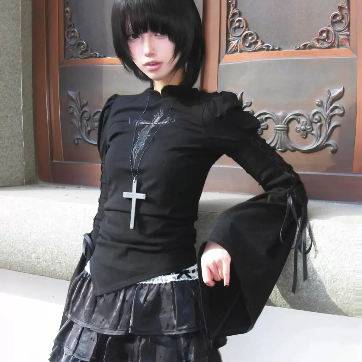 Gothic Subculture Y2k Girls Flare Long Sleeve T-shirt Spring Cross Lace-up Black Slim Tees Irregular Tops Harajuku Shirts Women