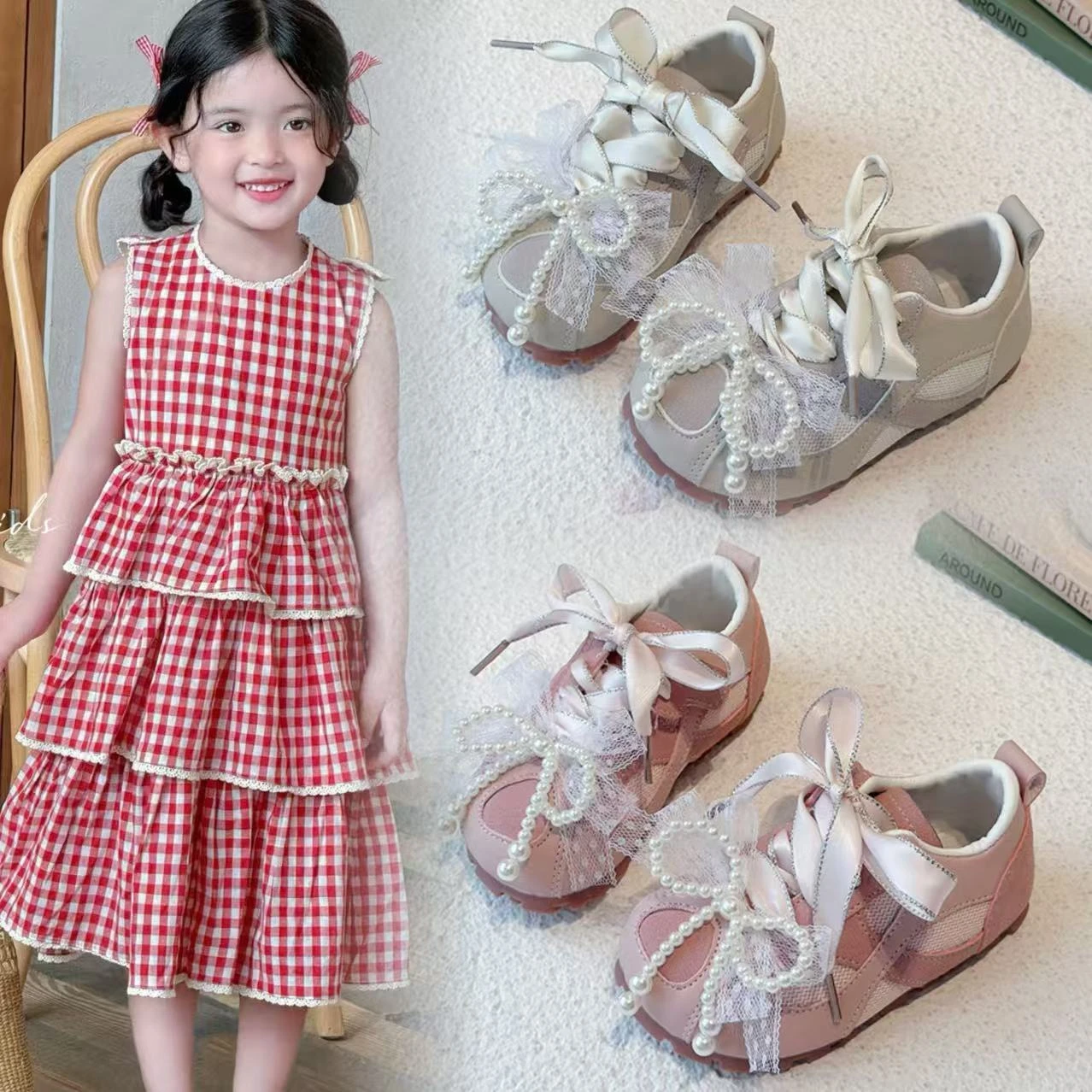 

Kids Running Shoes Non-slip Soft Sole Girls Casual Shoes Mesh Lace Bows 2025 New Children Princess Shoes Ribbon Elegant Sweet